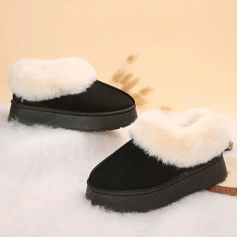 Black Casual Women's Thick Flat Suede Shearling Slippers